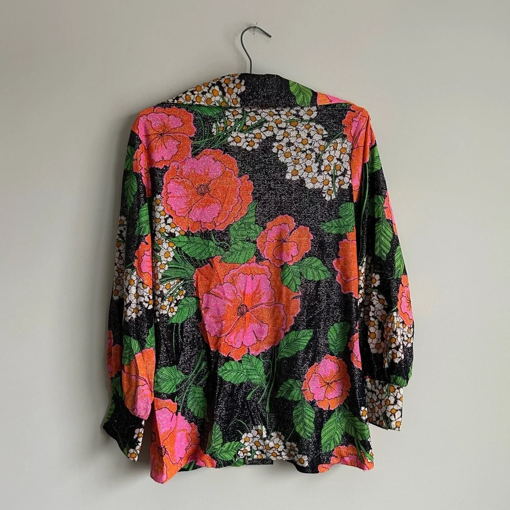 Vintage 70s Elaine Sklar Lingerie Co Metallic Floral Print 2 Piece Lounge Set M - Picture 3 of 11